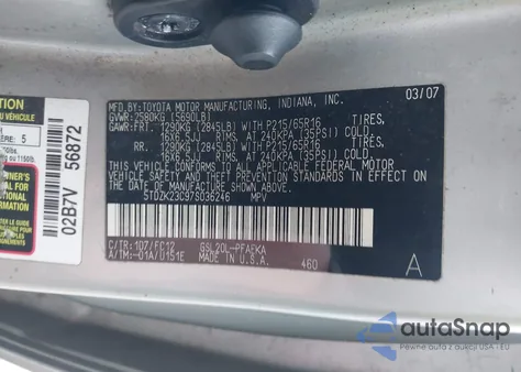 2007 Toyota Sienna Le z USA, uszkodzony, nr VIN 5TDZK23C97S036246